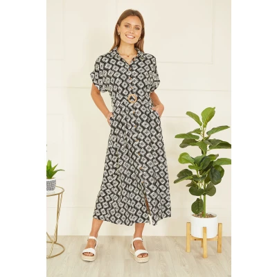 Image of Yumi Womens Black Viscose Midi Shirt Dress With Matching Belt Black/White Size 8 UK