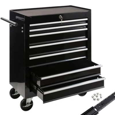 Image of Arebos Tool Cabinet Workshop trolley 7 compartments centrally lockable incl. anti slip mats drawers with ball bearings 2 castors parking brake (black)