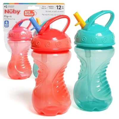Image of Nuby 2 Pack Flip It Easy Grip Cups with Flo Straw, 10 Ounce, Colors May Vary