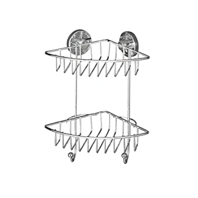 Image of WENKO 20888100 Vacuum Loc® 2 tier corner rack Bari fixing without drilling, Steel, 22.5 x 29.5 16 cm, Chrome