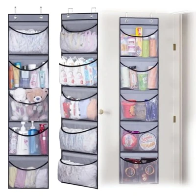 Image of KARBAG 2 Pack Over Door Storage Hanging Organiser with 5 Large Pockets Foldable Closet Shelves Wall for Bedroom, Bathroom, 4 Hooks