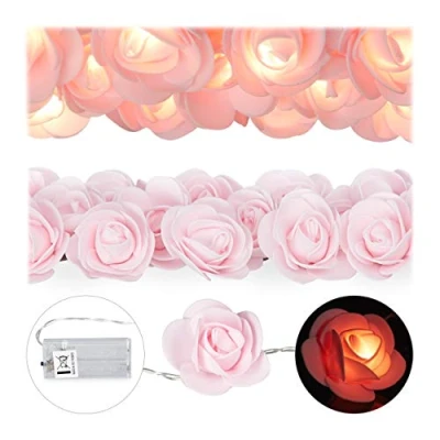 Image of Relaxdays Rose String, 20 LED Fairy Lights, Batteries, Weddings &amp; Valentine’s Day, Warm White, Pink, Foam, 4 x 5 340 cm