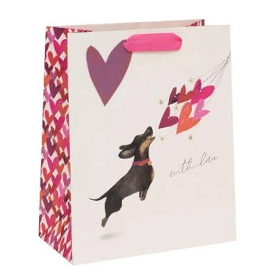 Image of Glick Luxury Sausage Dog &amp; Balloon Hearts Valentine&#039;s Day Gift Bag, Suitable for Mother&#039;s and Other Celebrations, 26w x 31.5h 13.5d cms, Multi Coloured