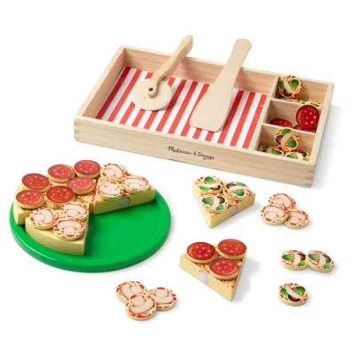 Image of Melissa &amp; Doug Wooden Pizza Toys Pretend Play Food for Kids 3+ Gift Boy or Girl