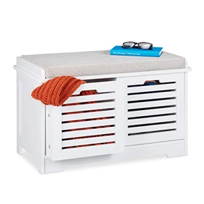Image of Relaxdays Bench, 2 Drawers, Soft Cushion, Hallway Furniture, Shoe Storage Baskets, HxWxD 44 x 72 35cm, White, Pack of 1, 10029475