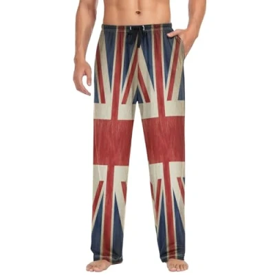 Image of Mens Pyjama Bottoms Vintage UK Flag Union Jack English England Pyjamas Loungewear 100% Cotton Trouser Nightwear PJs Pants for Men Boys