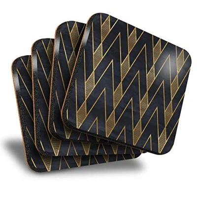 Image of Destination Vinyl ltd Great Coasters (Set of 4) Square Black &amp; Gold Geometric Art Deco Drink Glossy Coasters/Tabletop Protection for Any Table Type #12545