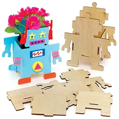 Image of Baker Ross FE378 Robot Wooden Flowerpot Craft Kits Pack of 3, Make Your Own Flower Pot, Planting Pots for Children to Decorate, Creative Activities Kids