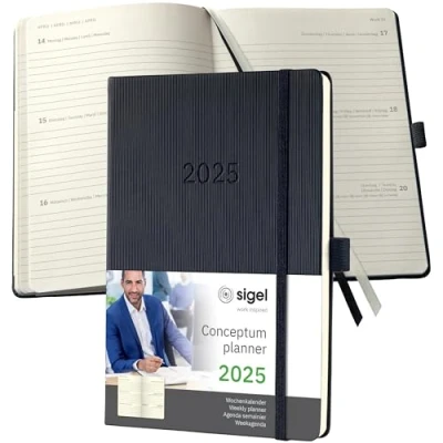 Image of SIGEL C2512 Conceptum Weekly Planner 2025, Approx. A5, Black, hardcover, 2 Pages = 1 Week, 192