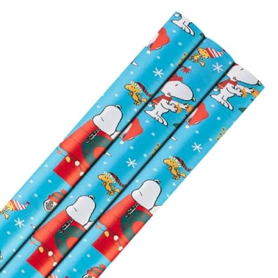 Image of Hallmark 6M Wrapping Paper, Pack of 3, Peanuts, Snoopy &amp; Woodstock, 2M Each, Christmas