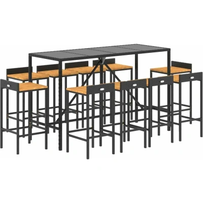 Image of vidaXL 11 Piece Garden Bar Set Black Poly Rattan&amp; Solid Wood Acacia