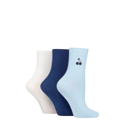 Image of Women&#039;s 3 Pair SOCKSHOP Wildfeet Embroidered Ribbed Socks Blue Cherry 4 8 UK