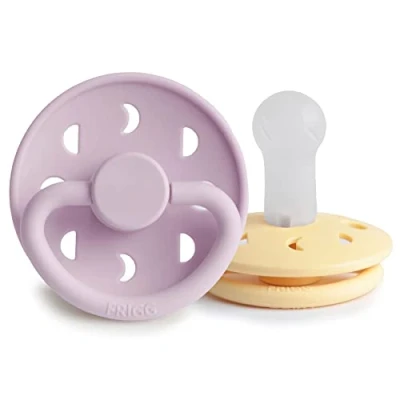 Image of FRIGG Moon Phase Silicone Pacifier Pack of 2 Soother Dummy BPA Free Made in Denmark Symmetrical Cherry Shaped Nipple (Pale Daffodil/Soft Lilac (6 18 Months))