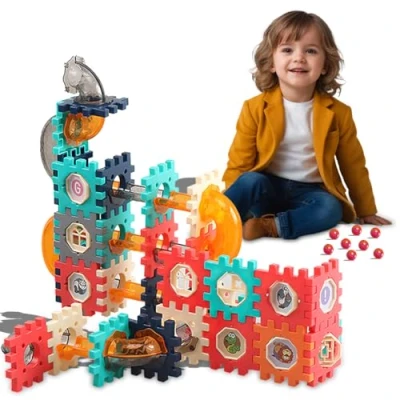 Image of Koolbitz Marble Run Interactive Blocks 98 PCS DIY Building Toy with 360 Rotating Windows STEM Educational Learning for Kids Ages 3+ Creative Construction Set Transparent Tubes &amp; Rolling Balls