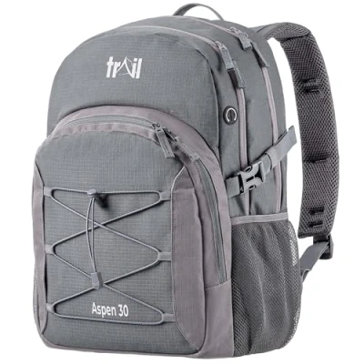 Image of Trail Aspen 30L Day Pack Backpack for School Work Hiking Camping Travelling, Breathable Padded Back &amp; Straps, 3 Zip Compartments, Internal Pockets, Bungee Cords, USB/Headphone Port, Water Resistant
