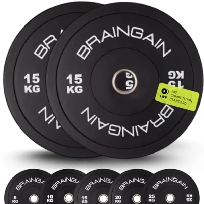 Image of BRAINGAIN Olympic BLACK Bumper Plates PAIR 15kg (2x 15kg), 2&quot; Solid Rubber Weight for Barbell Strength Training and Lifting