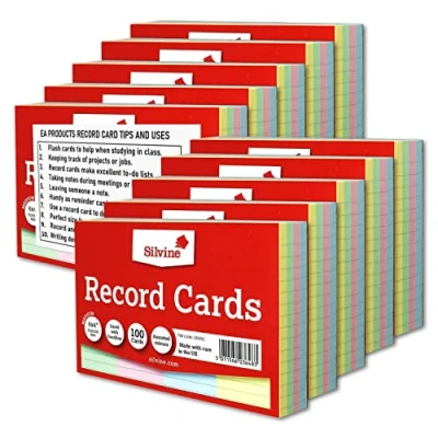 Image of Silvine Record Card Bulk Pack of 1000 10 x 100 6x4 Coloured Lined with Headline Cards Size Medium 152 102mm A6 EAP Hints and Tips