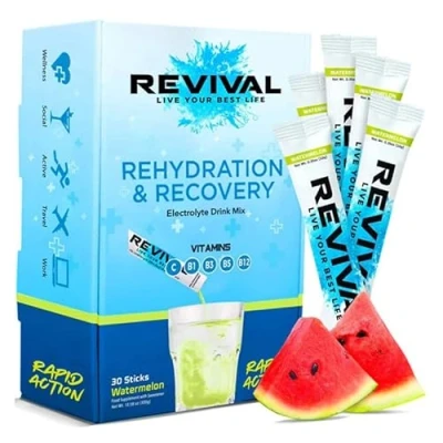 Image of Revival Rapid Rehydration Electrolytes Powder High Strength Vitamin C, B1, B3, B5, B12 Supplement Sachet Drink, Effervescent Electrolyte Hydration Tablets 30 Pack Watermelon