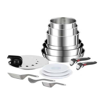 Image of Tefal Ingenio Preference ON 15 piece Non Stick Pan Set, 22&amp;26cm Frying Pans, 16&amp;18&amp;20cm Saucepans, 24cm Sautepan, Stainless Steel, Universal Lid, Hermetic Lids,Utensils, 2 Handles, L9749532