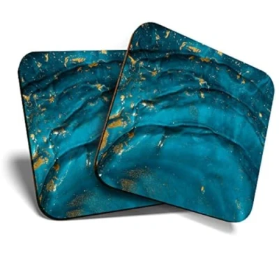 Image of Great Coasters (Set of 2) Square/Glossy Quality Coasters/Tabletop Protection for Any Table Type Blue Teal Turquoise Ink Art #2094