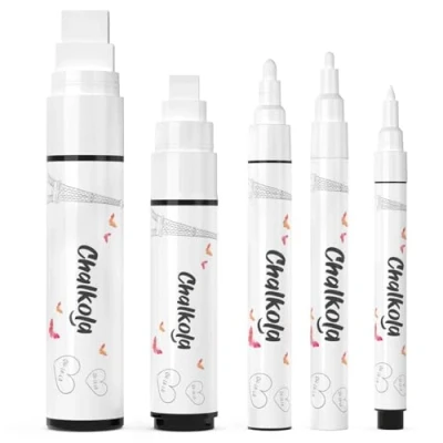 Image of 5 White Chalkboard Chalk Pens Dry Erase Markers for Blackboard, Signs, Windows, Glass Variety pack Fine &amp; Jumbo Size Ink (1mm, 3mm, 6mm, 10mm, 15mm)