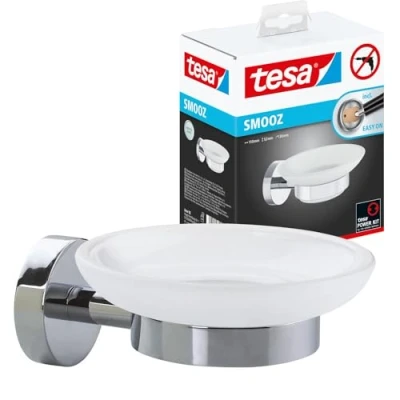 Image of tesa® Smooz soap Holder, high Gloss Chromed Metal, self Adhesive, Adhesive mounting Technology, 52mm x 110mm 130mm