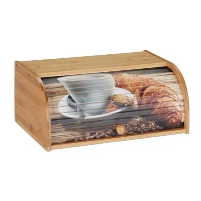 Image of Bamboo Bread Box, Roll Top with Design, Keeps Pastries Fresh, Storage Room, 17 x 40 27 cm, Natural Relaxdays