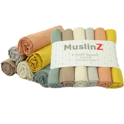 Image of MuslinZ 6pk Baby Muslin Squares, Burp Cloths, Cloths for Baby, Breastfeeding Cover, Nappy, large 70x70cm 100% Pure Cotton Absorbent &amp; Breathable (Neutral)