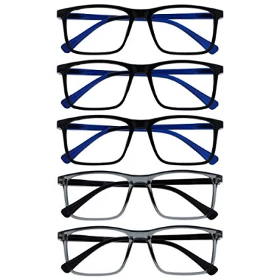Image of OPULIZE Ink Reading Glasses 5 Pack Large Rectangular Frame Black Transparent Grey Spring Hinges Scratch Resistant Mens Womens RRRRR4 11177 +2.50