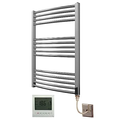 Image of Greened House Electric Chrome 600W x 800H Curved Towel Rail + Timer and Room Thermostat Bathroom Rails