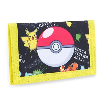 Image of Pokemon Kids Trifold Wallet with Zipped Coin Compartment and Clear ID Pocket (Black/Yellow)