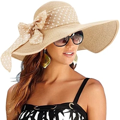 Image of DRESHOW Womens Big Bowknot Straw Hat Floppy Foldable Roll up Beach Cap Wide Brim Sun UPF 50+