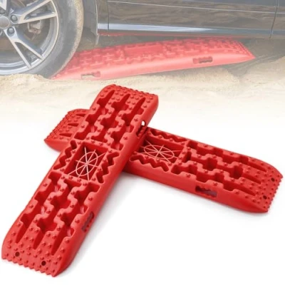Image of VEVOR 10 TON Traction Boards with PP Material, Recovery for Off road Vehicles/Cars/Pickups/SUVs/RVs, Pair Tire Mats on Snow, Sand, Mud and Loose Terrain, Storage Bag, Long, Red