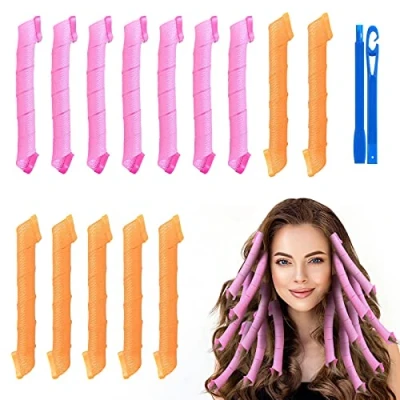 Image of URAQT Hair Rollers, 45cm Curlers Styling Kit, No Heat Spiral Curls, Wave Style Rollers for Setting with Hooks, Damage DIY Tools Long &amp; Short (14 Pcs)