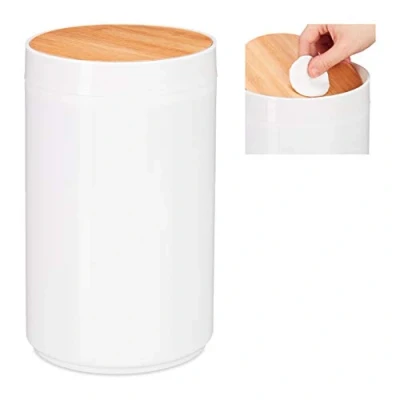 Image of Relaxdays Sanitary Bin, Bamboo Swing Lid, Modern Bathroom Trash Can, Plastic, 5.5 L, H x D: 26.5 18 cm, White, 10027729_49