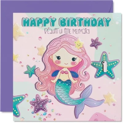 Image of 1st Birthday Card Girl Beautiful Little Mermaid Happy for 1 Year Old Girl, Age Girls Cards First Card, 145mm x Bday Greeting