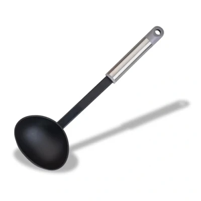 Image of Fackelmann MODE Soup Ladle, Serving Spoon, PBT Plastic Non Stick Function Head &amp; Stainless Steel Handle with Hanging Loop, 32 x 10 6.5 cm, Black, Grey Silver