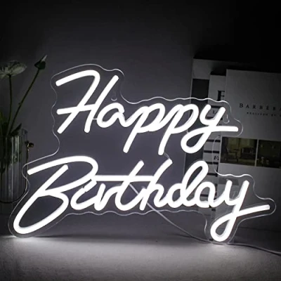 Image of SIGNSHIP Happy Birthday Neon Sign White LED Light for Wall Decoration USB Power Letter Signs Home Bedroom Bar Club Party Gift