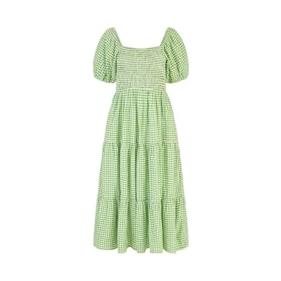Image of Yumi Womens Green Cotton Gingham Smock Puff Sleeve Midi Dress Size 14 UK
