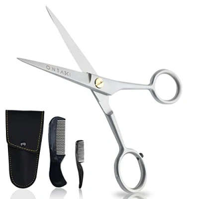 Image of ONTAKI 5 German Beard Scissors &amp; Mustache 2 Combs (Beard Comb + Comb) with Carrying Pouch Hand Forged Trimming Finger Rest (Silver (5&quot; Inch Steel))