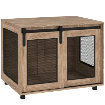 Image of PawHut Dog Crate Furniture, Cage End Table with Sliding Barn Door, Pet Kennel for Medium Dogs, 80 x 58.5 63cm, Walnut Brown