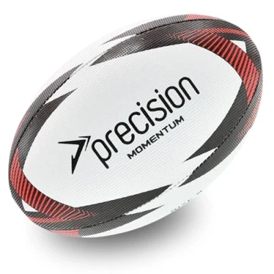 Image of Precision Momentum Rugby Training Ball, Premium Rubber, Hand Stitched, All Weather Grip, Extra Strong, Ideal for Clubs and Schools, WhiteBlackRed, Size 5