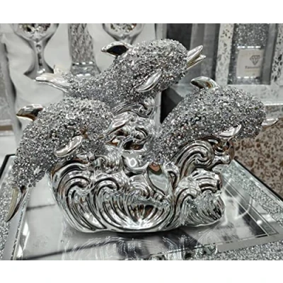 Image of Biznest Bling Crushed Diamond Silver Three Dolphin Fish Ceramic Sparkly Shelf Sitter Ornament