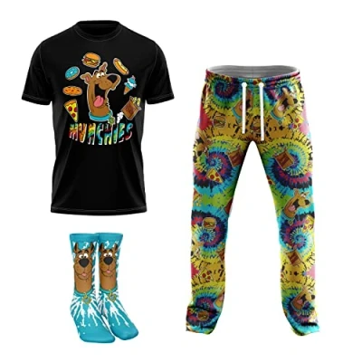 Image of Scooby Doo Men&#039;s 3 pc Lounge Box T Shirt, Pants and Socks in Psychedelic Tiedye &amp; Snacks Sizes S m l XL, Piece Set, (Pack of 3)