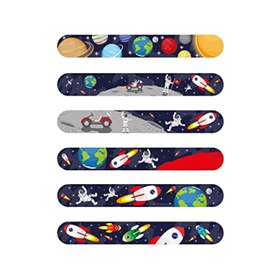 Image of HENBRANDT 6 x Space Snap Bracelets for Kids Astronaut Rocket Party Bag Fillers Lucky Dip Slap Bracelet Band Girls and Boys Wristbands