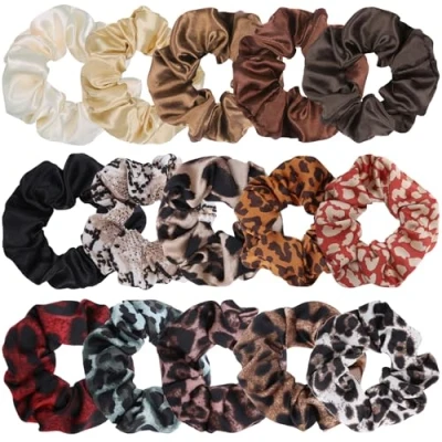 Image of SYEYCW 15 Pcs Hair Scrunchies for Women, Soft Thick Ropes Bands, Elastic Satin Leopard Solid Color Scrunchies, Ponytail Holder Scrunchy Ties Accessories, Girls and Ladies