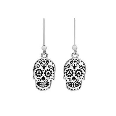Image of Tuscany Silver Women&#039;s Sterling Oxidised &#039;Day of the Dead&#039; Skull Drop Earrings 9.8mm x 27mm