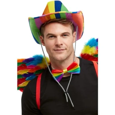 Image of Smiffys Rainbow Stetson Hat, Multi Coloured, Rainbow/Gay Pride Items Fancy Dress, Adult Dress Up Hats