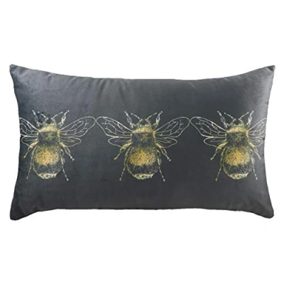 Image of Evans Lichfield Gold Bee Rectangular Printed Velvet Feather Filled Cushion Grey One Size