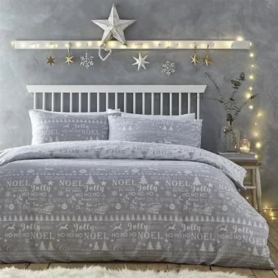 Image of Charlotte Thomas Jolly Christmas Duvet Cover Set Silver Xmas Bedding Double, Grey